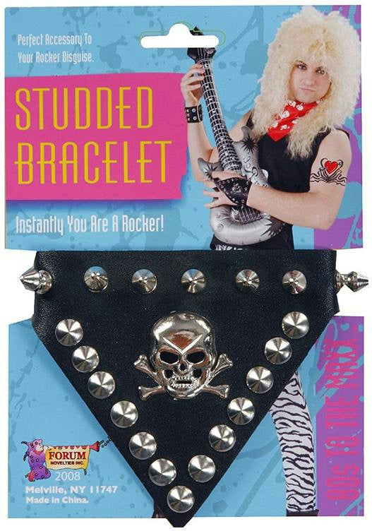 80's Skull Silver Studded Black Rocker Punk Bracelet