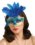 Blue Teal and Gold Venetian Carnival Eyemask Mask with Feathers
