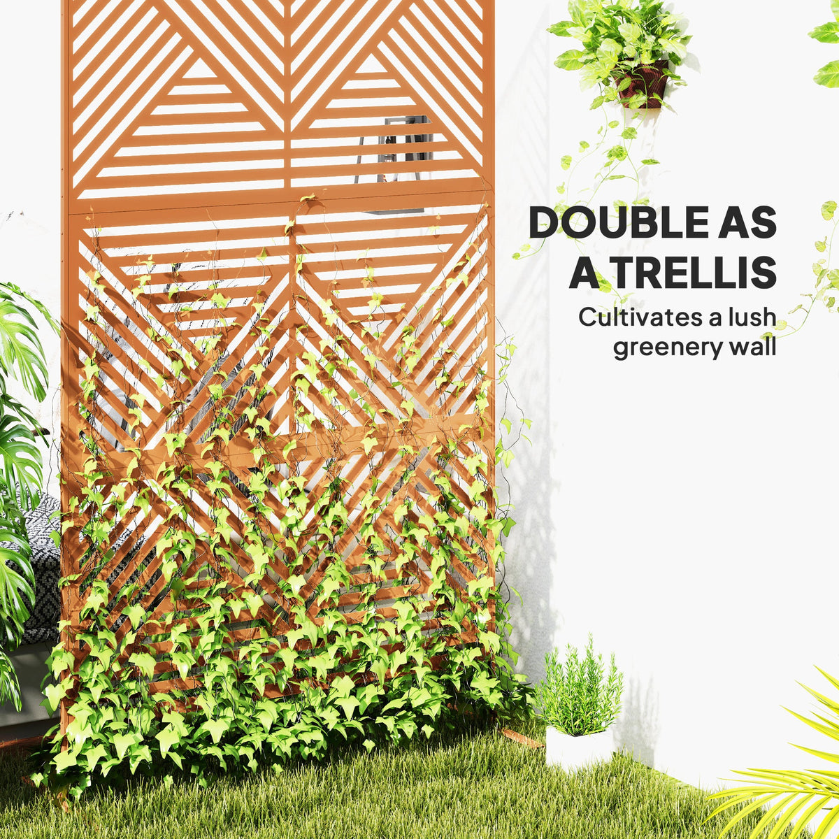 Metal Privacy Fence Screen, Outdoor Decorative Trellis with Stand, 3-Panel