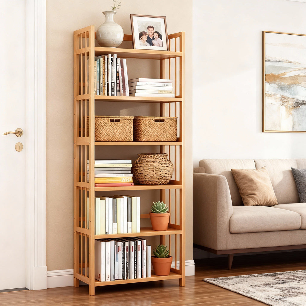 Tall Bamboo Bookshelf – Adjustable Shelves, Narrow Freestanding Storage Rack