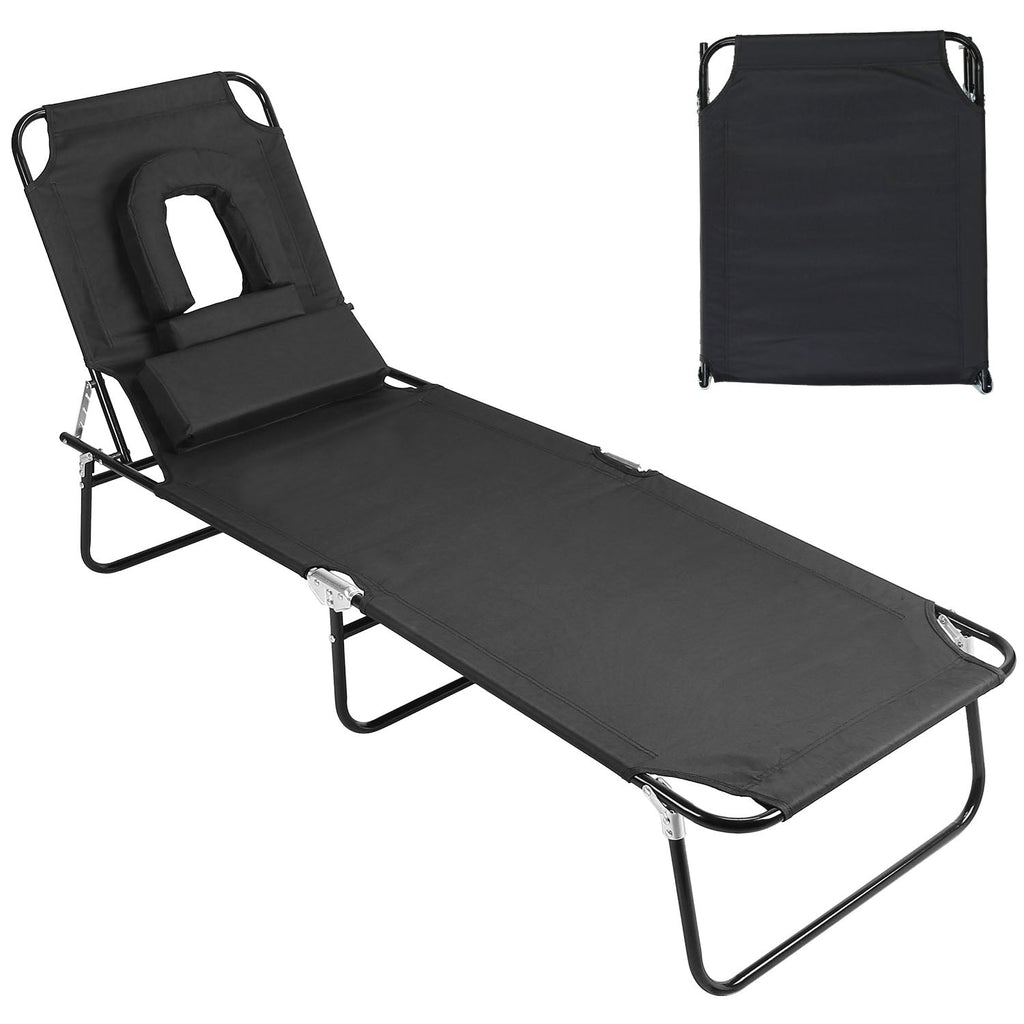 Folding Beach Lounge Chair Face DownÊTanning Chaise Sunbathing Recliner 265LBS Max Load with 5-Angle Backrest 3 Removable Pillows for Beach Pool Lawn