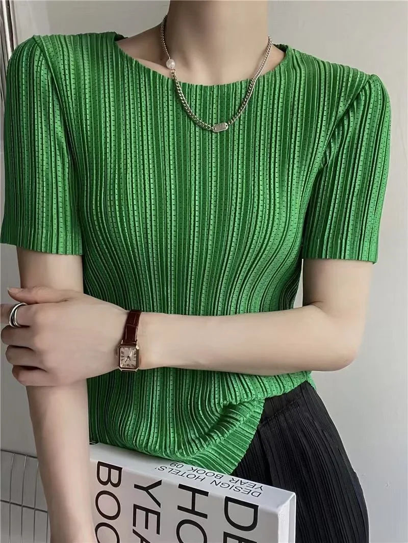 Women’s Pleated Short-Sleeve Blouse with Round Neck