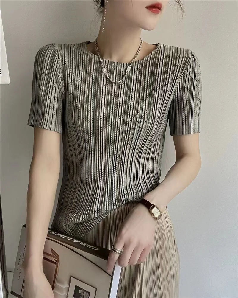 Women’s Pleated Short-Sleeve Blouse with Round Neck