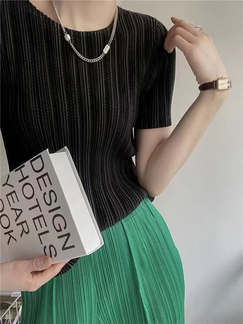Women’s Pleated Short-Sleeve Blouse with Round Neck