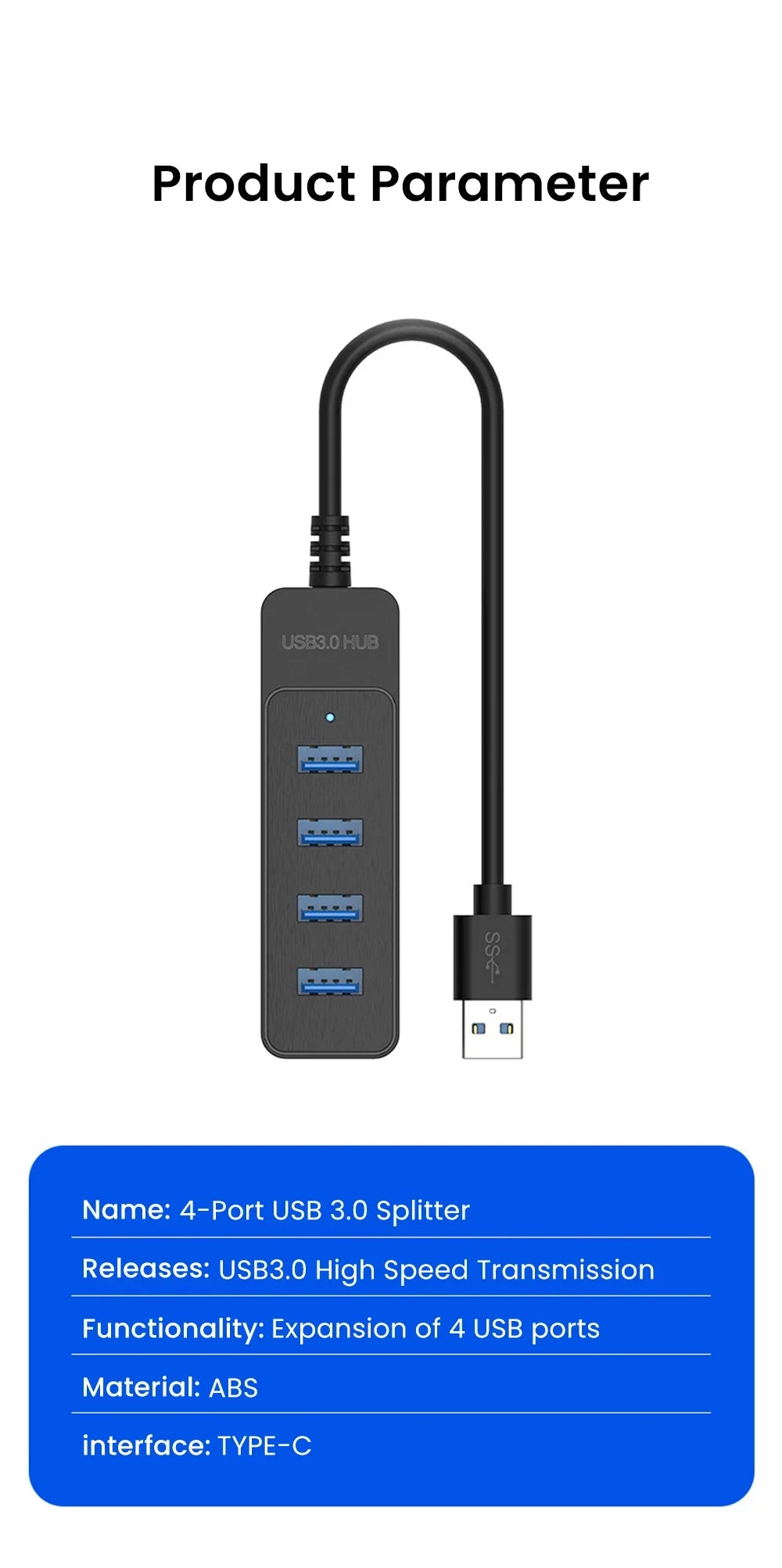 4-Port USB 3.0 Hub with Type-C Splitter & Cable
