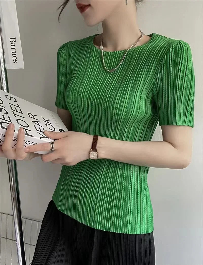 Women’s Pleated Short-Sleeve Blouse with Round Neck