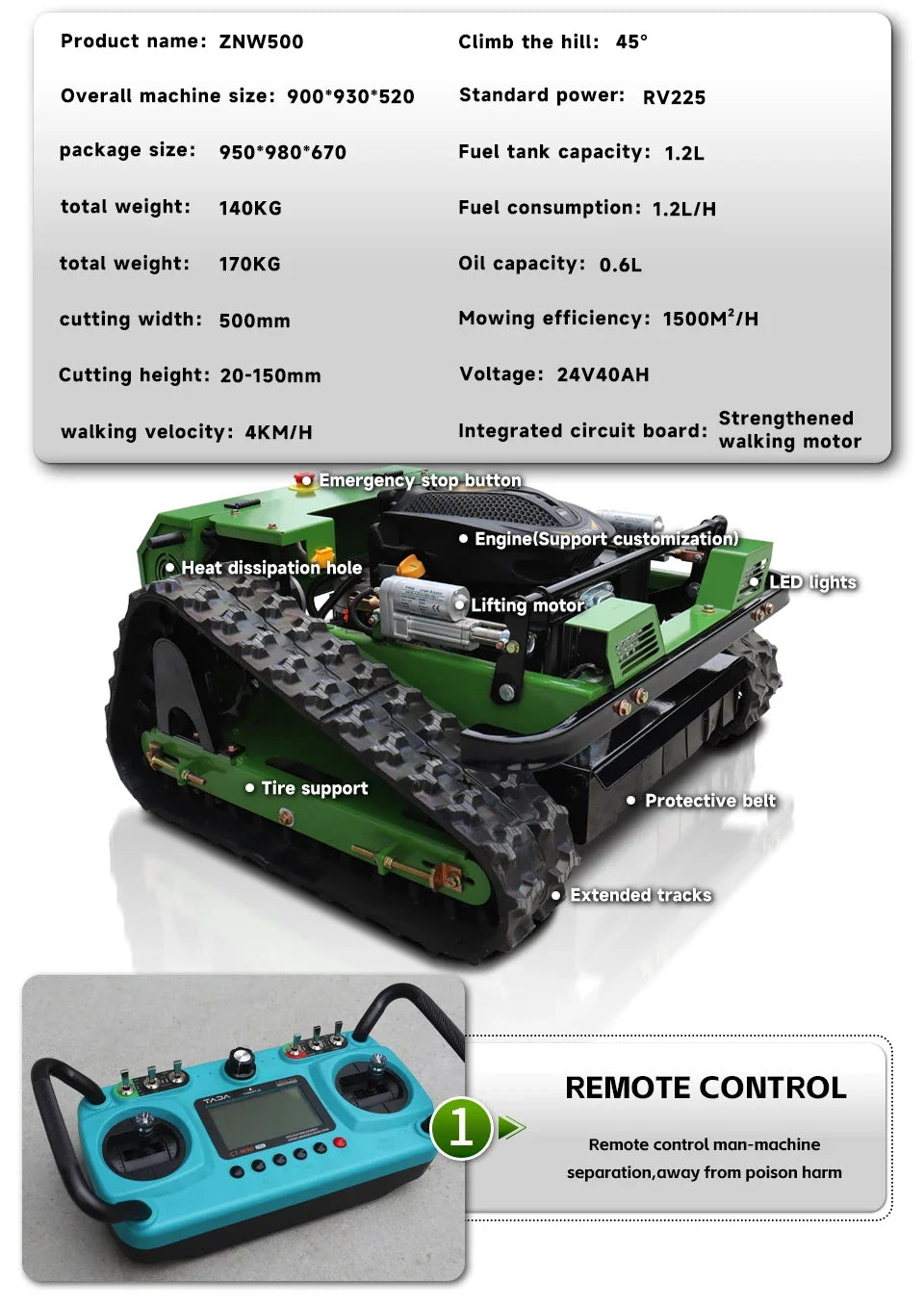 Remote-Control Lawn Mower – 9.5HP Petrol, 500mm Cutting Width