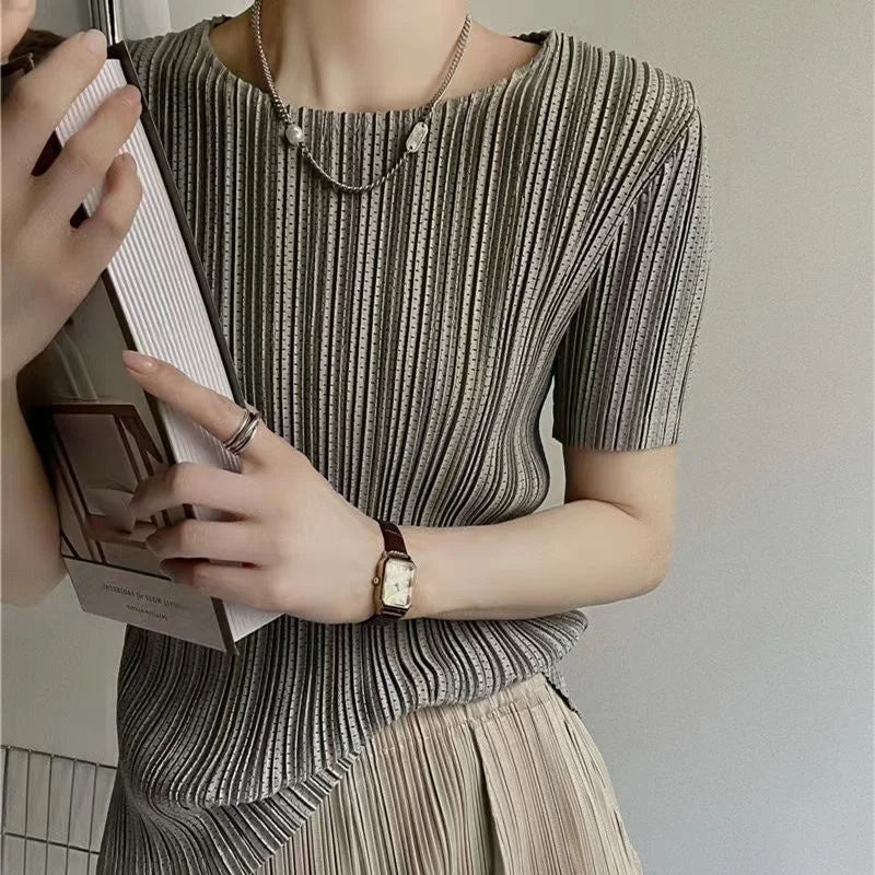 Women’s Pleated Short-Sleeve Blouse with Round Neck