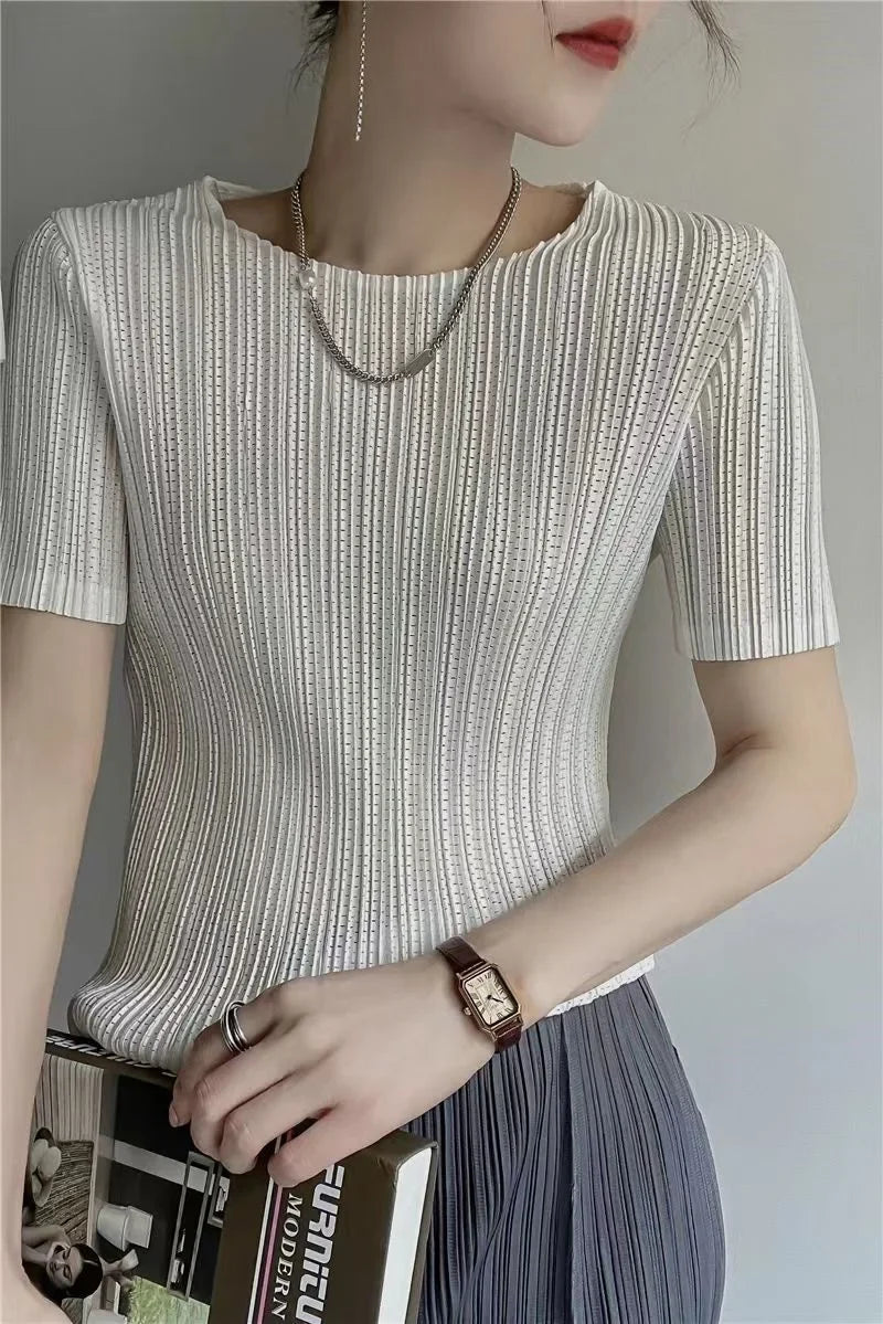 Women’s Pleated Short-Sleeve Blouse with Round Neck
