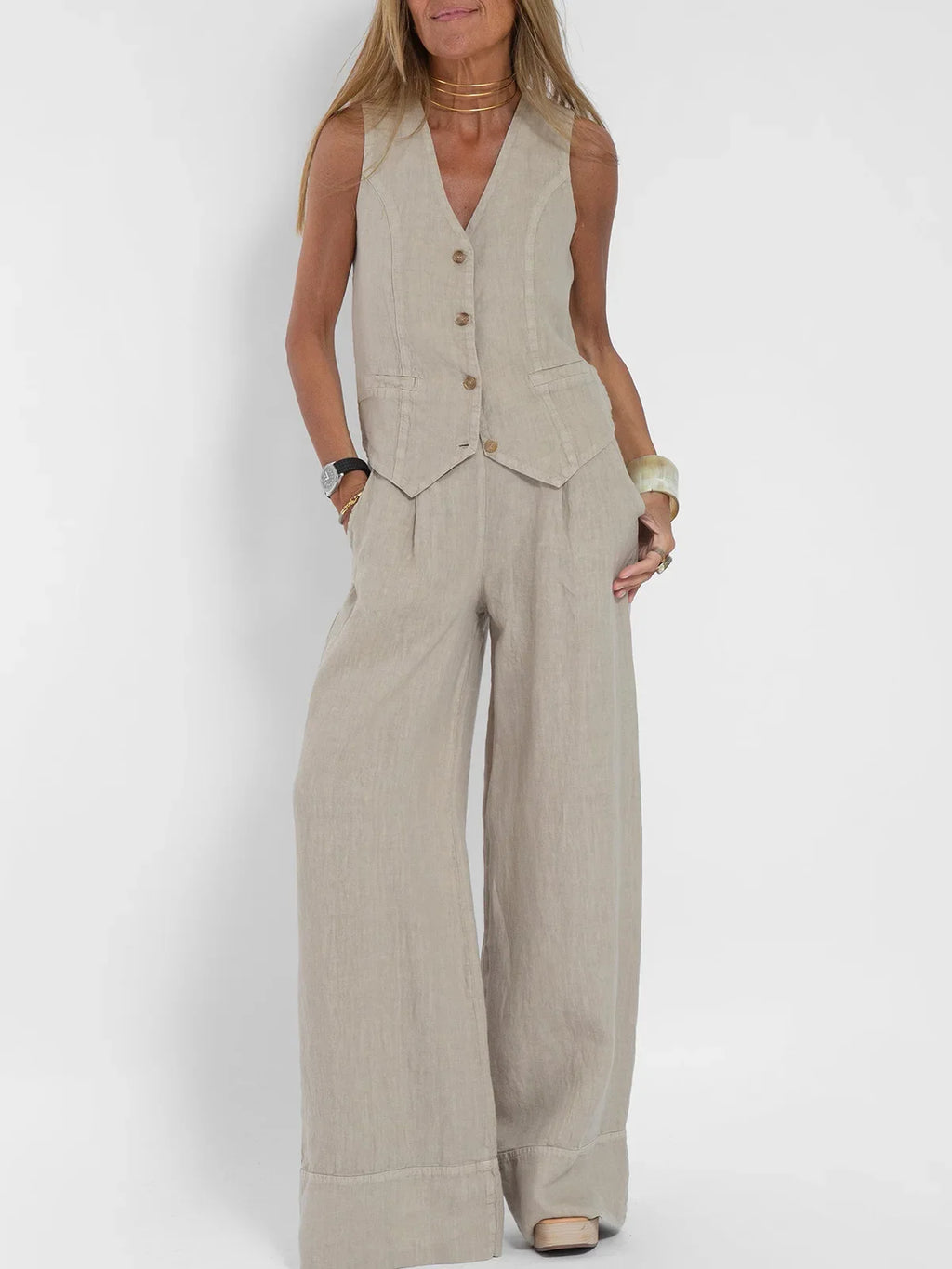 Women's Sleeveless Vest and Pants Set, Colorblock Two-Piece Suit