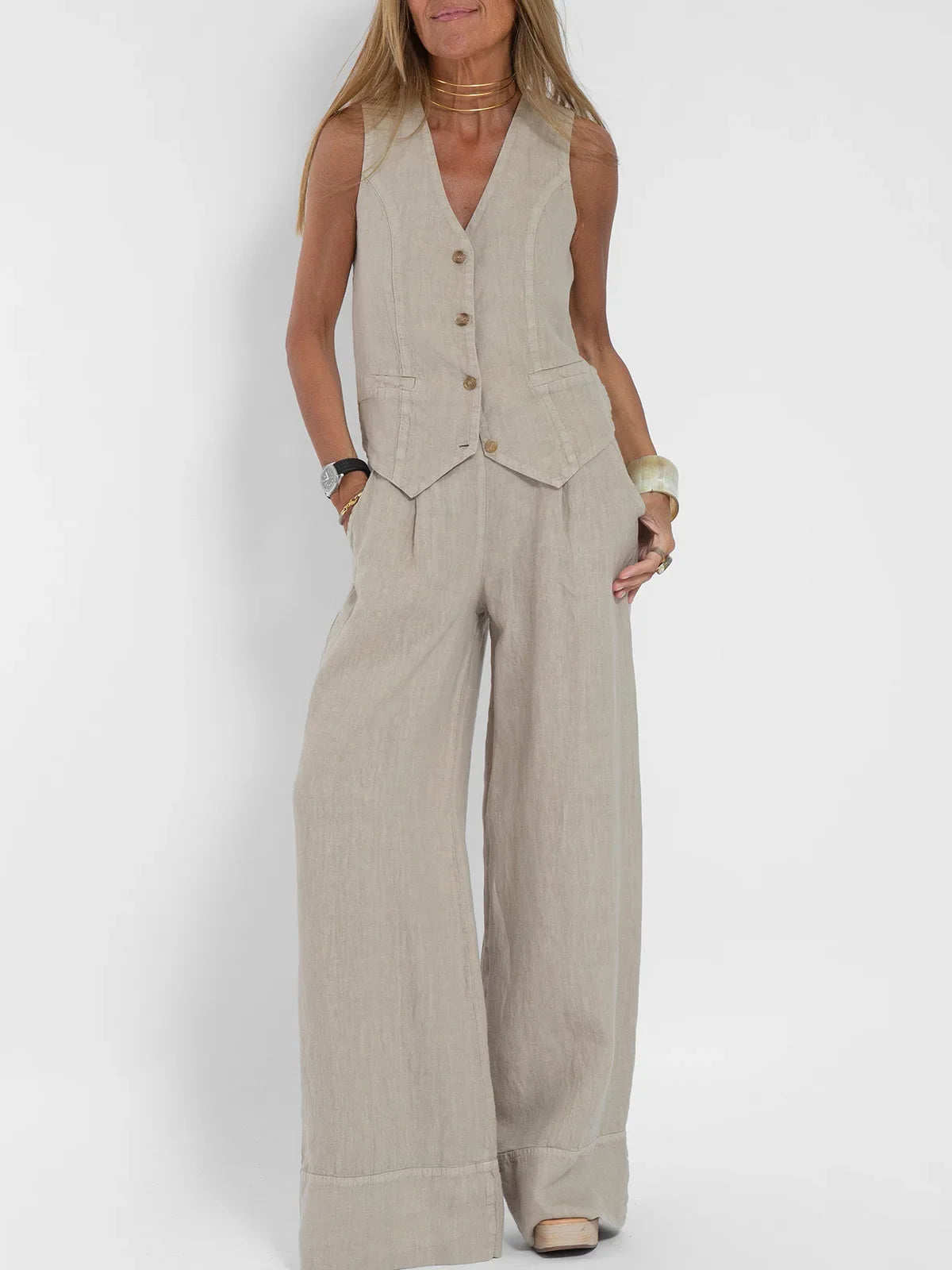 Women's Sleeveless Vest and Pants Set, Colorblock Two-Piece Suit
