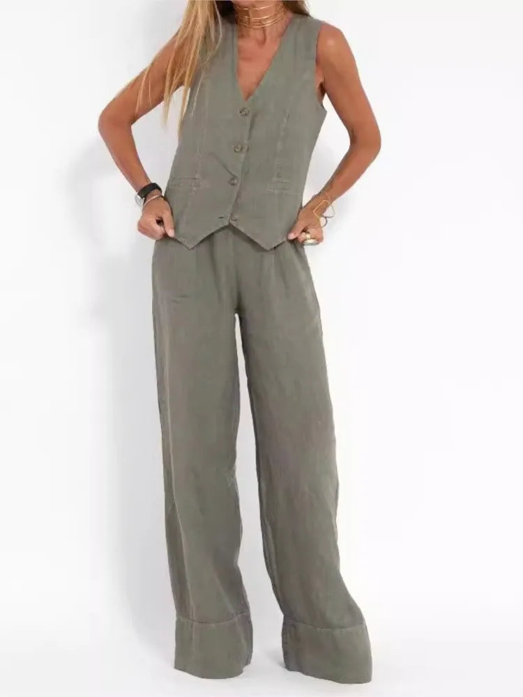 Women's Sleeveless Vest and Pants Set, Colorblock Two-Piece Suit