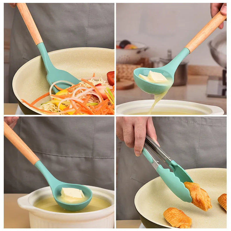 12-Piece Silicone Kitchen Utensil Set with Wooden Handles