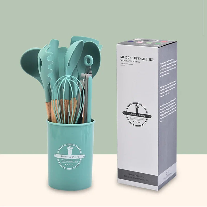 12-Piece Silicone Kitchen Utensil Set with Wooden Handles