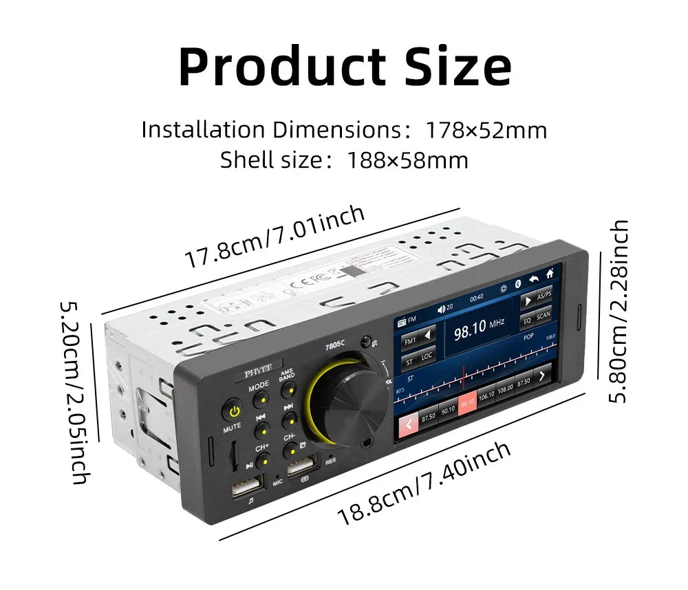 PHYEE 7805C Single-DIN Touchscreen Car Radio with Bluetooth & USB