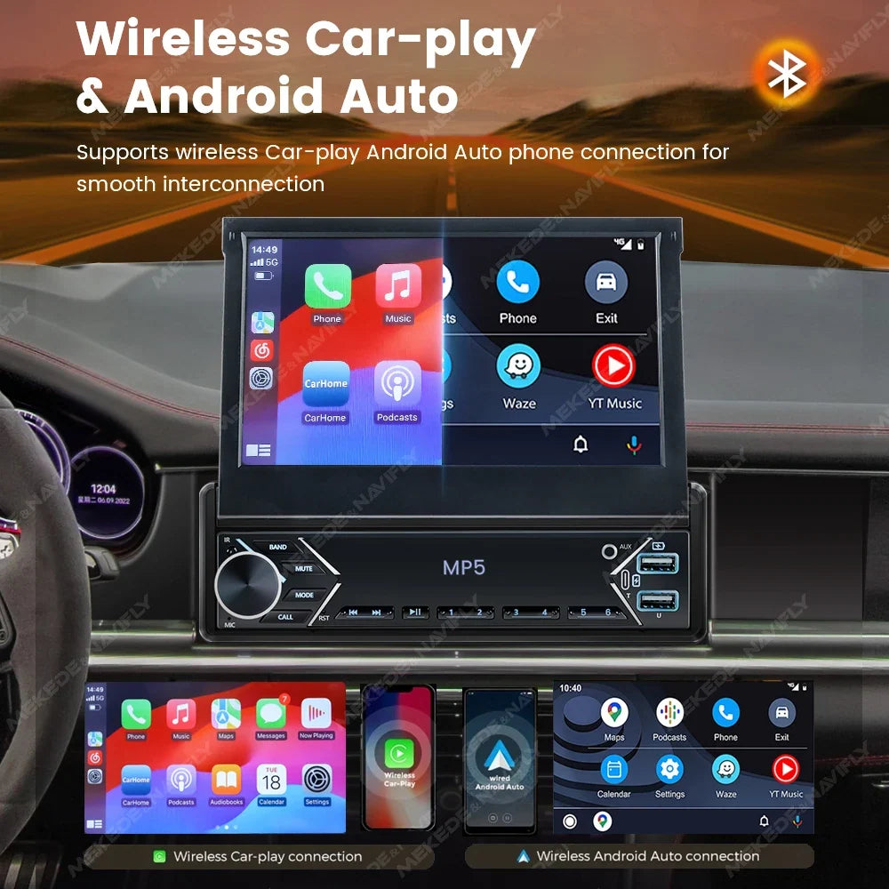 7-Inch Retractable Single-DIN Car Stereo with CarPlay & Android Auto