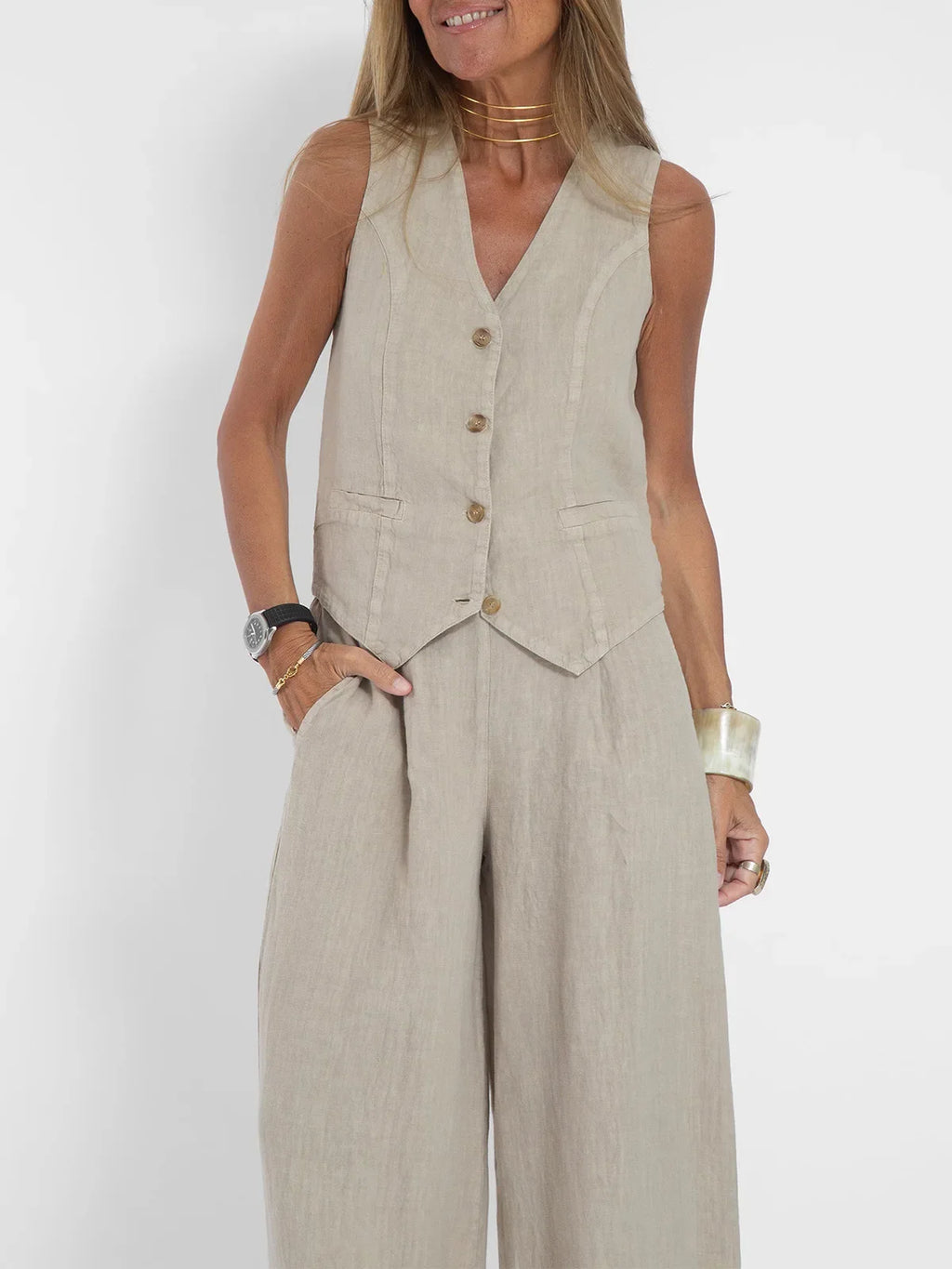 Women's Sleeveless Vest and Pants Set, Colorblock Two-Piece Suit