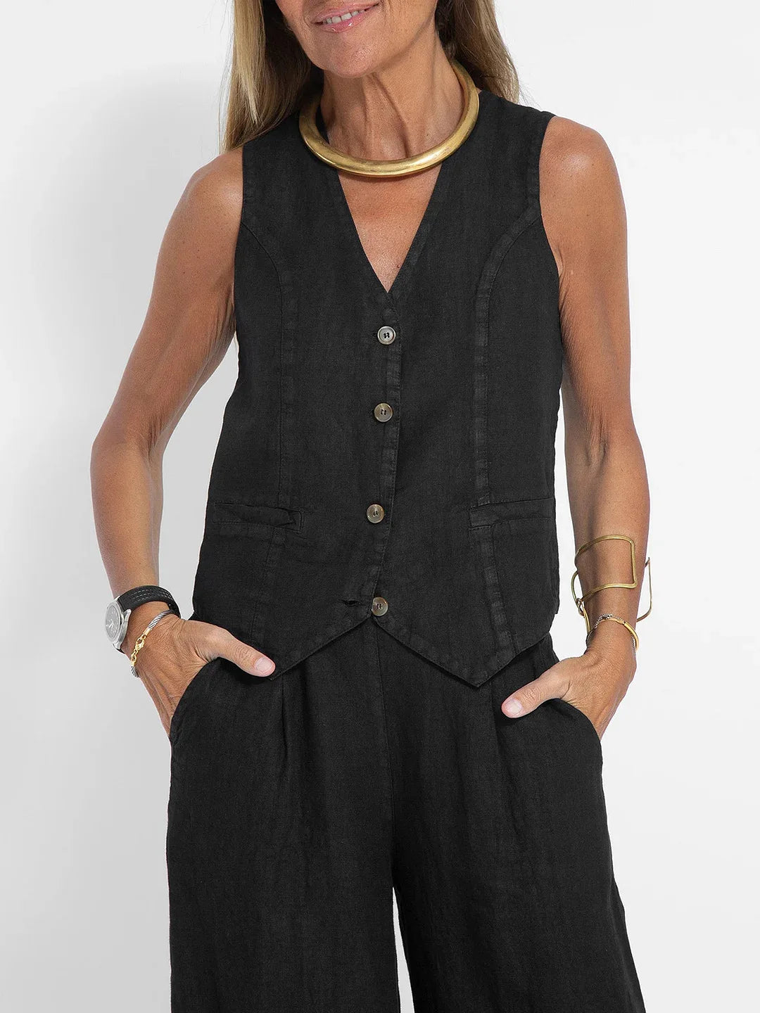 Women's Sleeveless Vest and Pants Set, Colorblock Two-Piece Suit