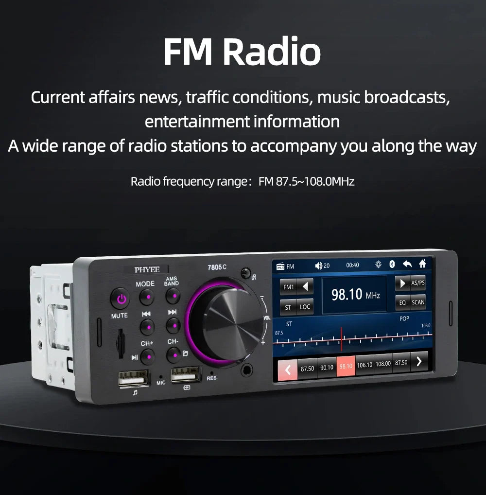 PHYEE 7805C Single-DIN Touchscreen Car Radio with Bluetooth & USB