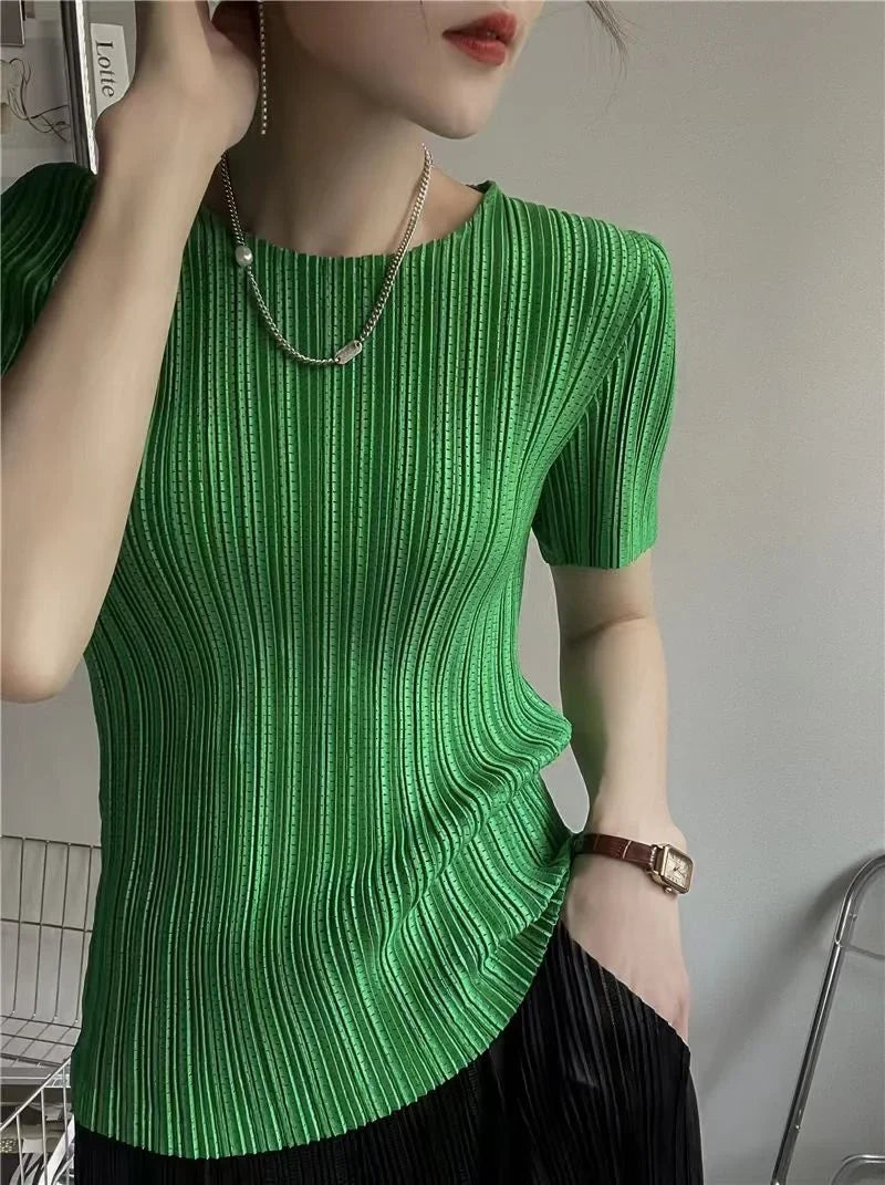 Women’s Pleated Short-Sleeve Blouse with Round Neck