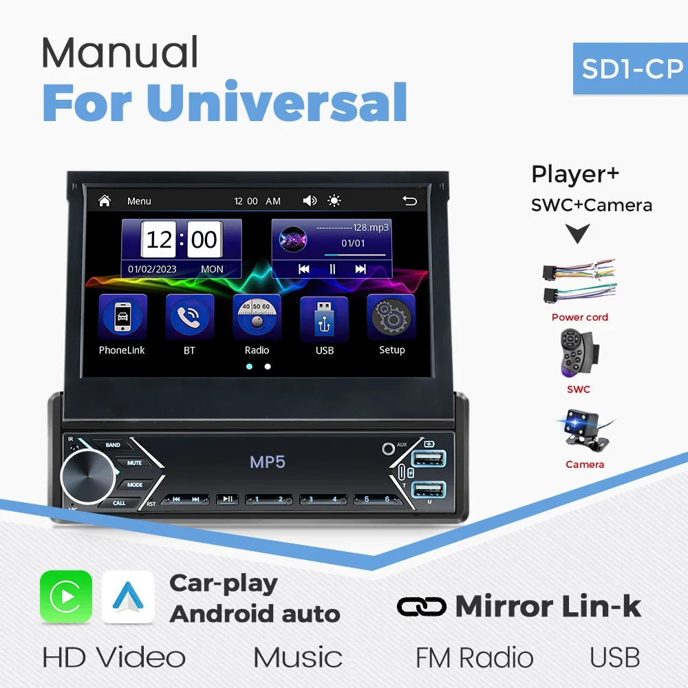 7-Inch Retractable Single-DIN Car Stereo with CarPlay & Android Auto