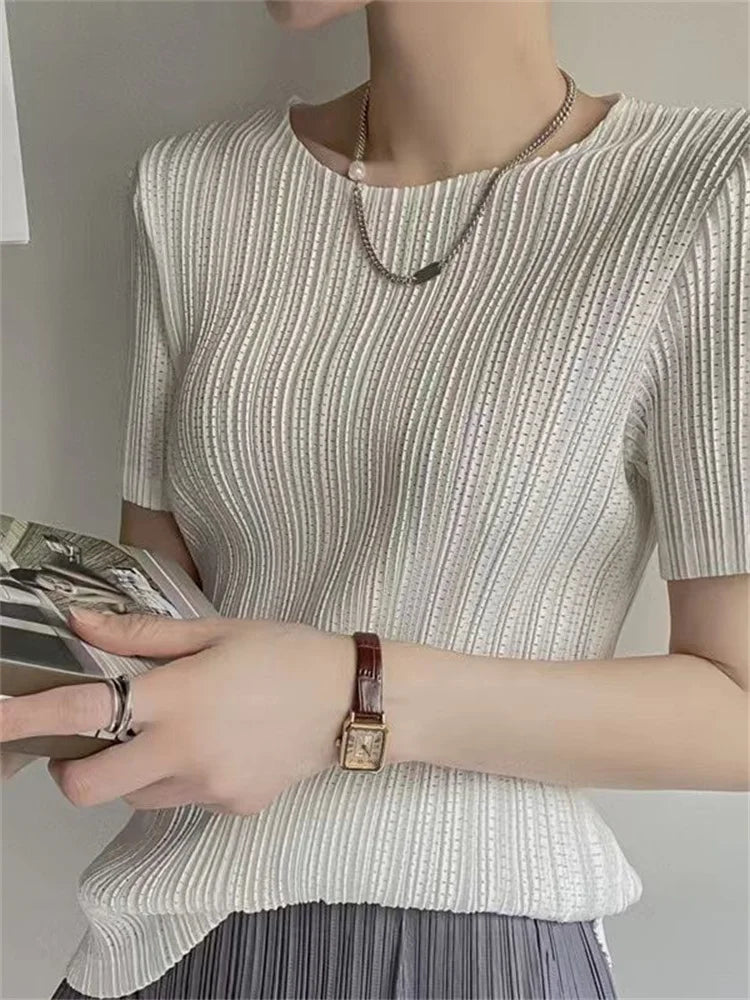 Women’s Pleated Short-Sleeve Blouse with Round Neck