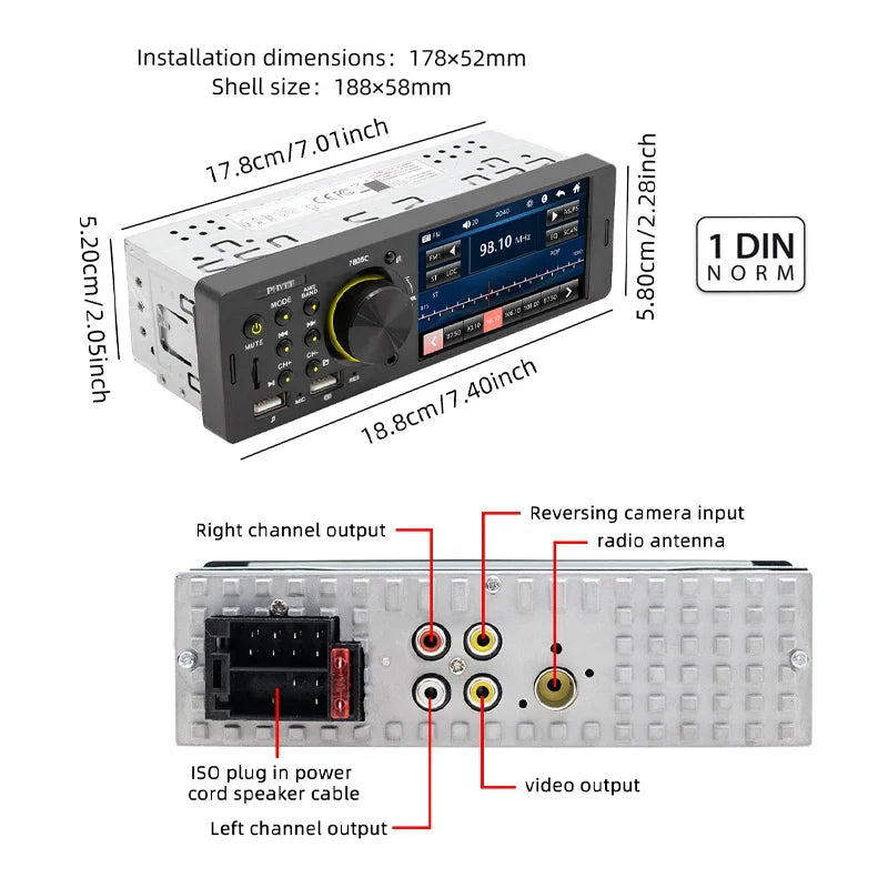 PHYEE 7805C Single-DIN Touchscreen Car Radio with Bluetooth & USB
