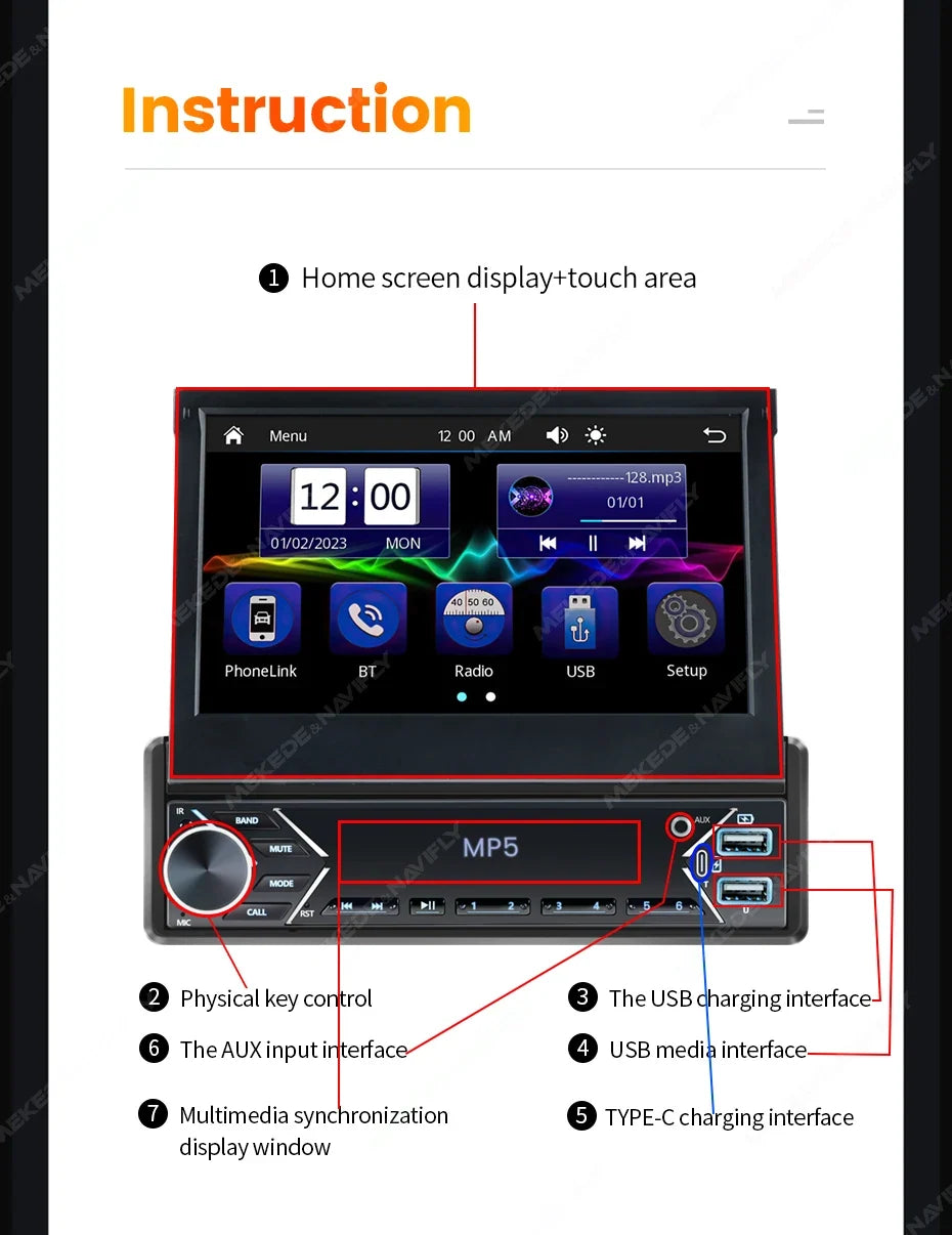 7-Inch Retractable Single-DIN Car Stereo with CarPlay & Android Auto