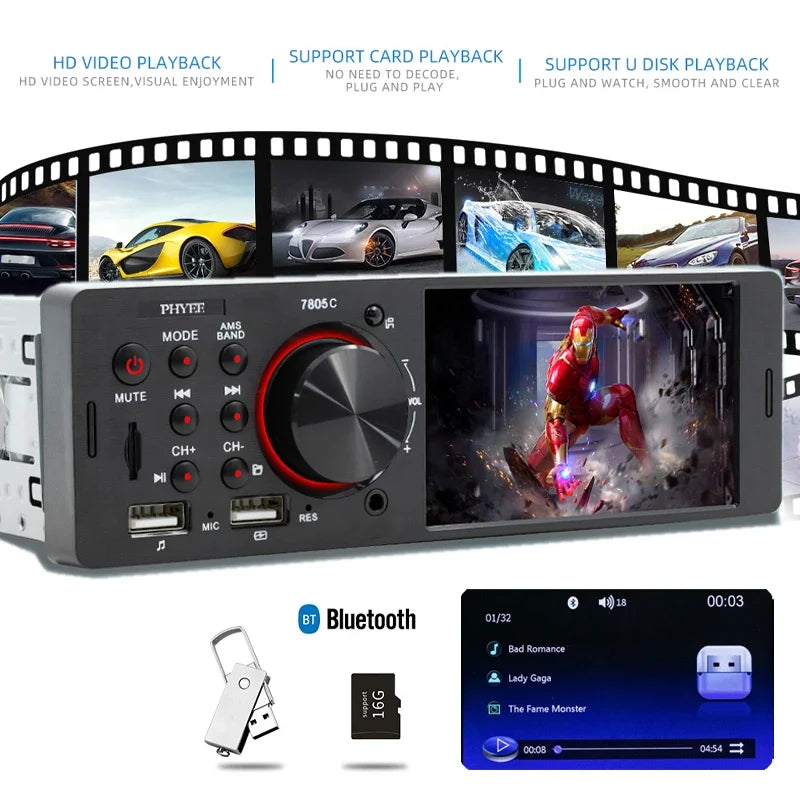 PHYEE 7805C Single-DIN Touchscreen Car Radio with Bluetooth & USB