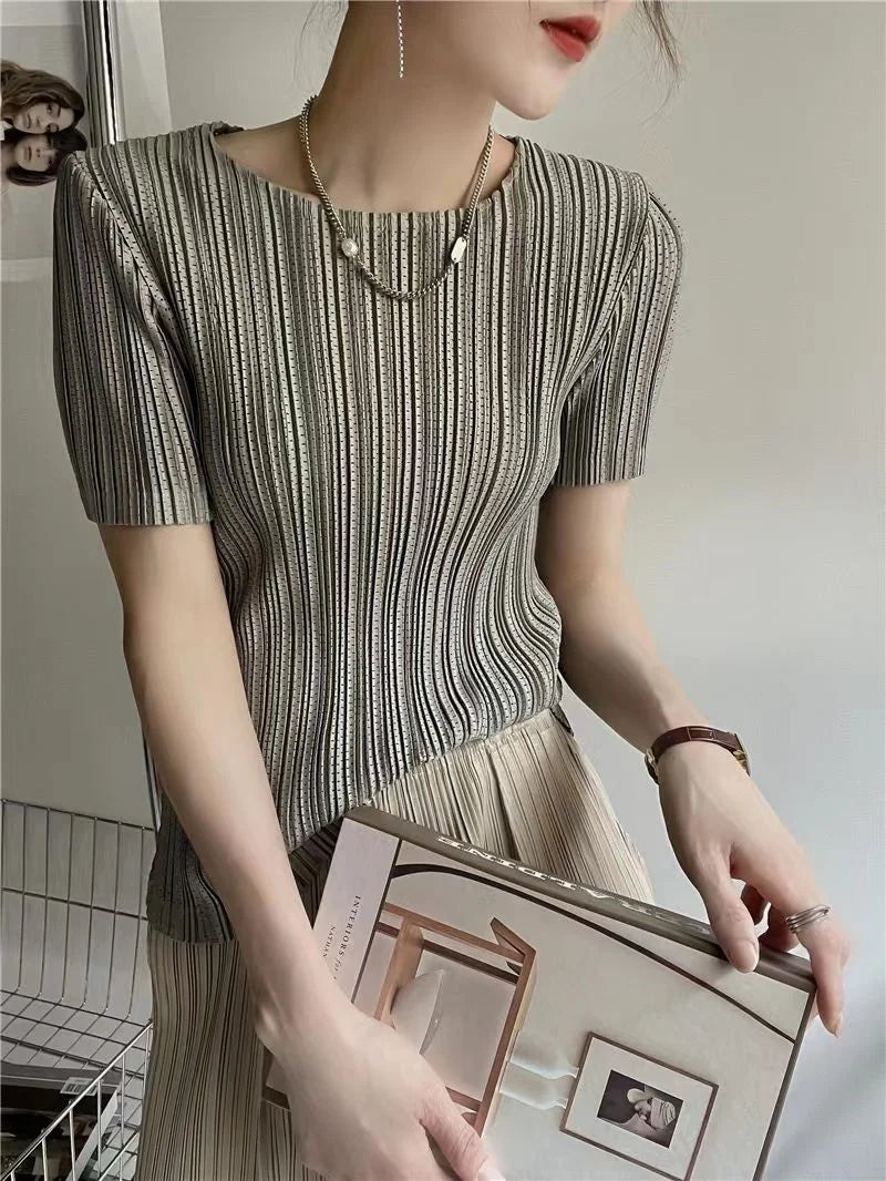 Women’s Pleated Short-Sleeve Blouse with Round Neck