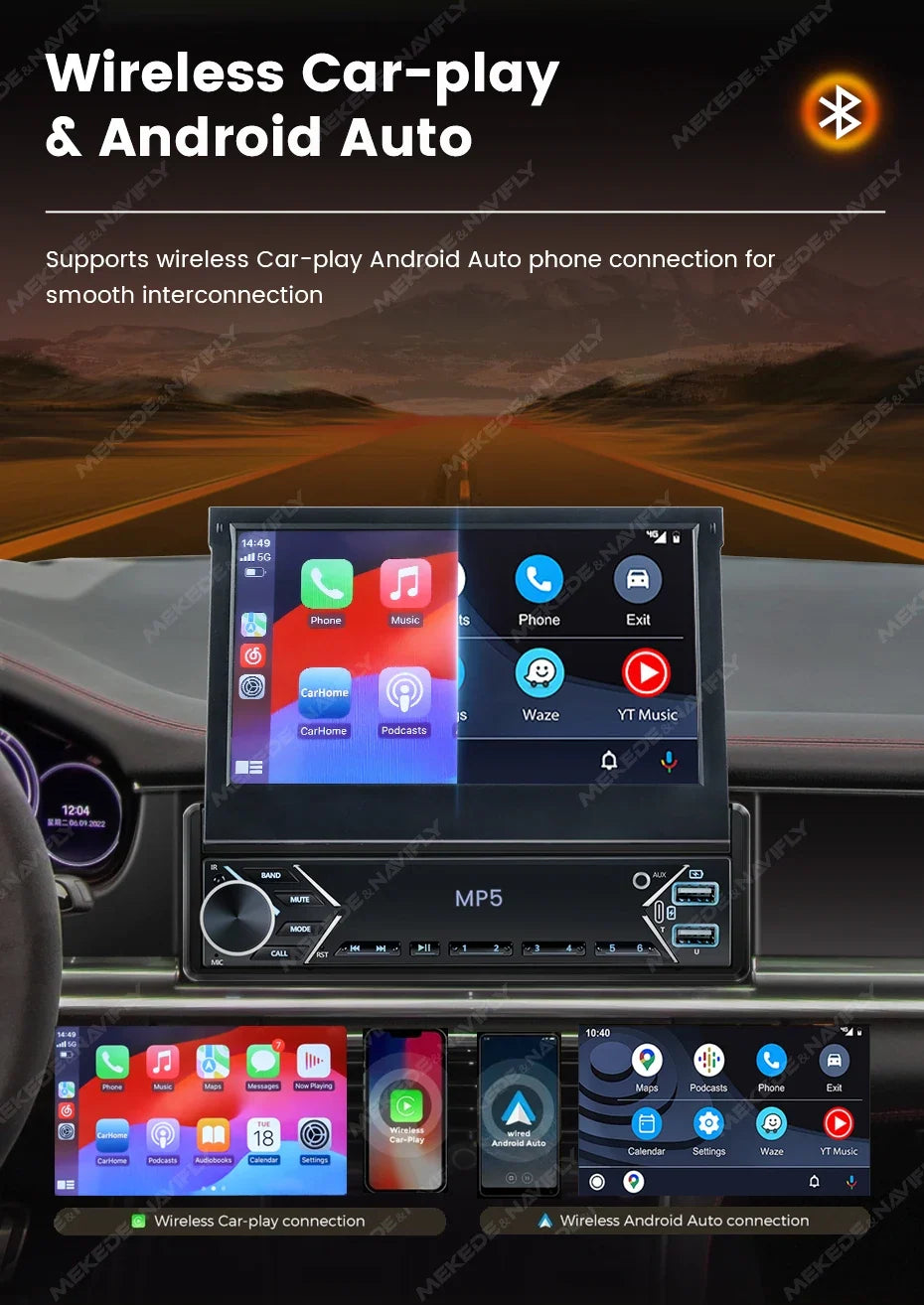 7-Inch Retractable Single-DIN Car Stereo with CarPlay & Android Auto