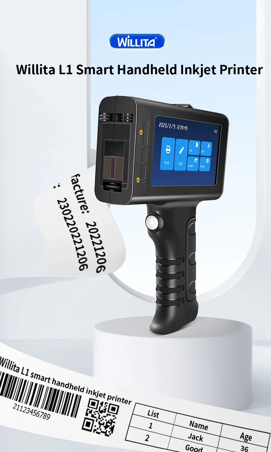 WILLITA Handheld Inkjet Coding Printer with 5-Inch Touchscreen