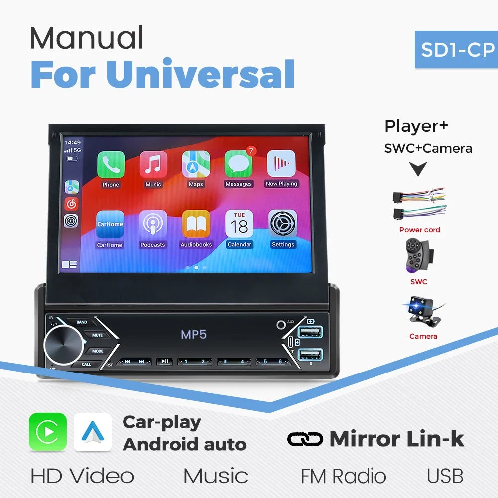 7-Inch Retractable Single-DIN Car Stereo with CarPlay & Android Auto