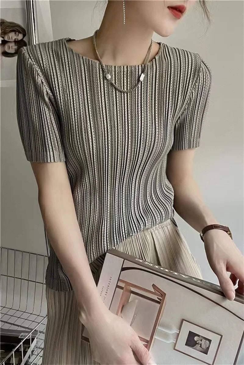 Women’s Pleated Short-Sleeve Blouse with Round Neck