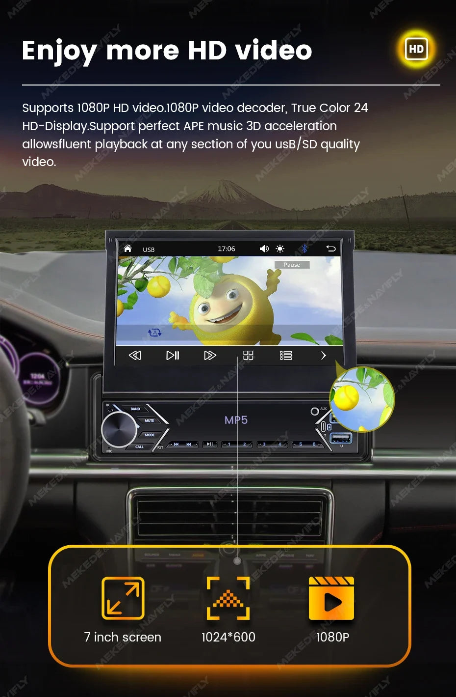 7-Inch Retractable Single-DIN Car Stereo with CarPlay & Android Auto