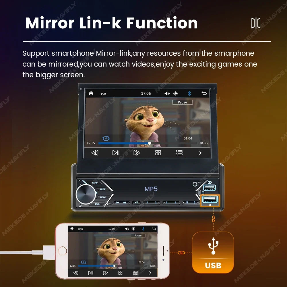 7-Inch Retractable Single-DIN Car Stereo with CarPlay & Android Auto