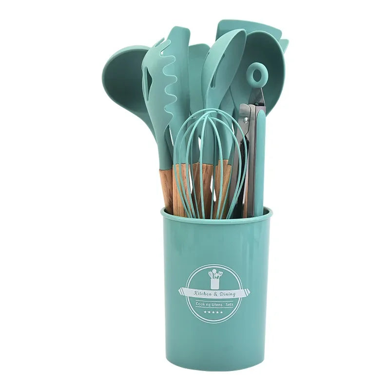 12-Piece Silicone Kitchen Utensil Set with Wooden Handles