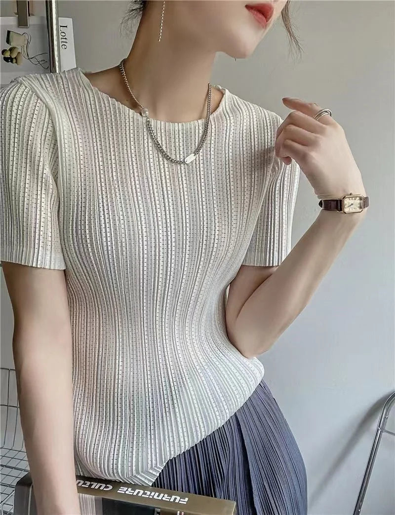Women’s Pleated Short-Sleeve Blouse with Round Neck