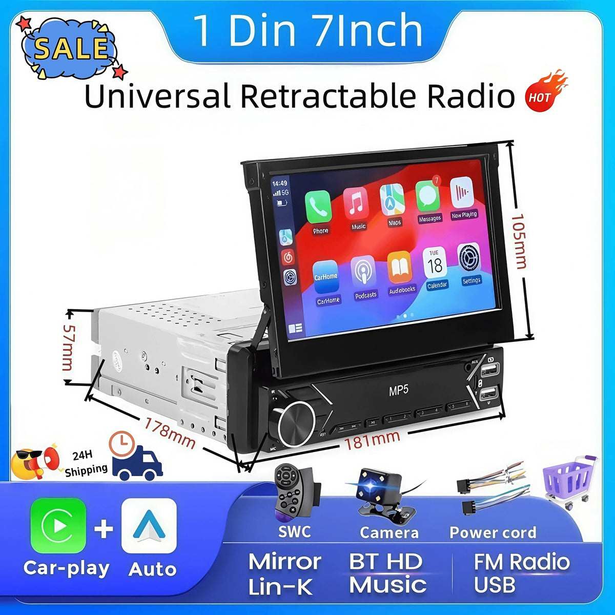 7-Inch Retractable Single-DIN Car Stereo with CarPlay & Android Auto