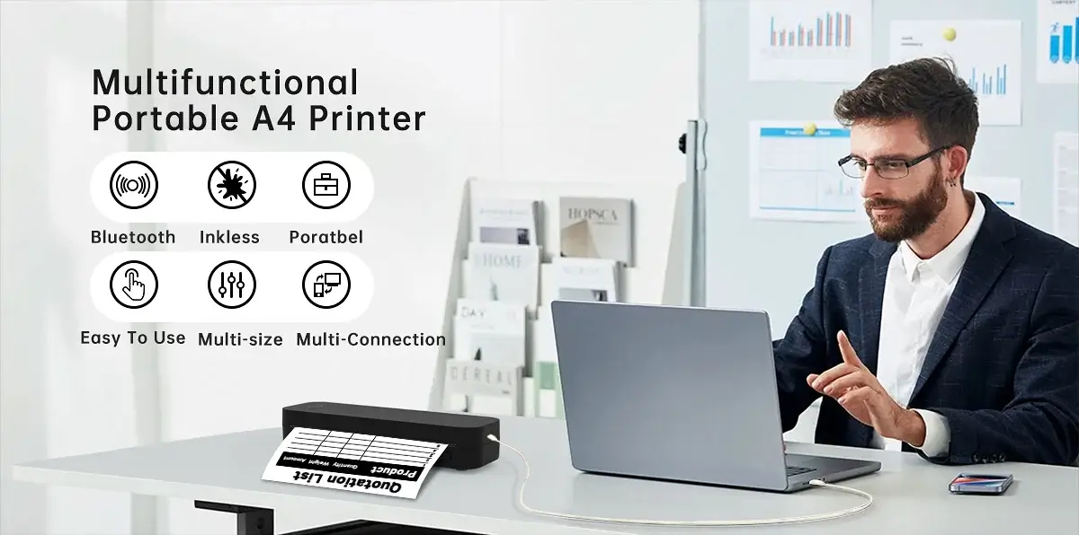 Portable A4 Bluetooth Thermal Printer & Paper Roll Option