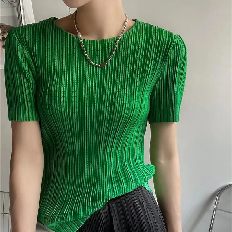 Women’s Pleated Short-Sleeve Blouse with Round Neck