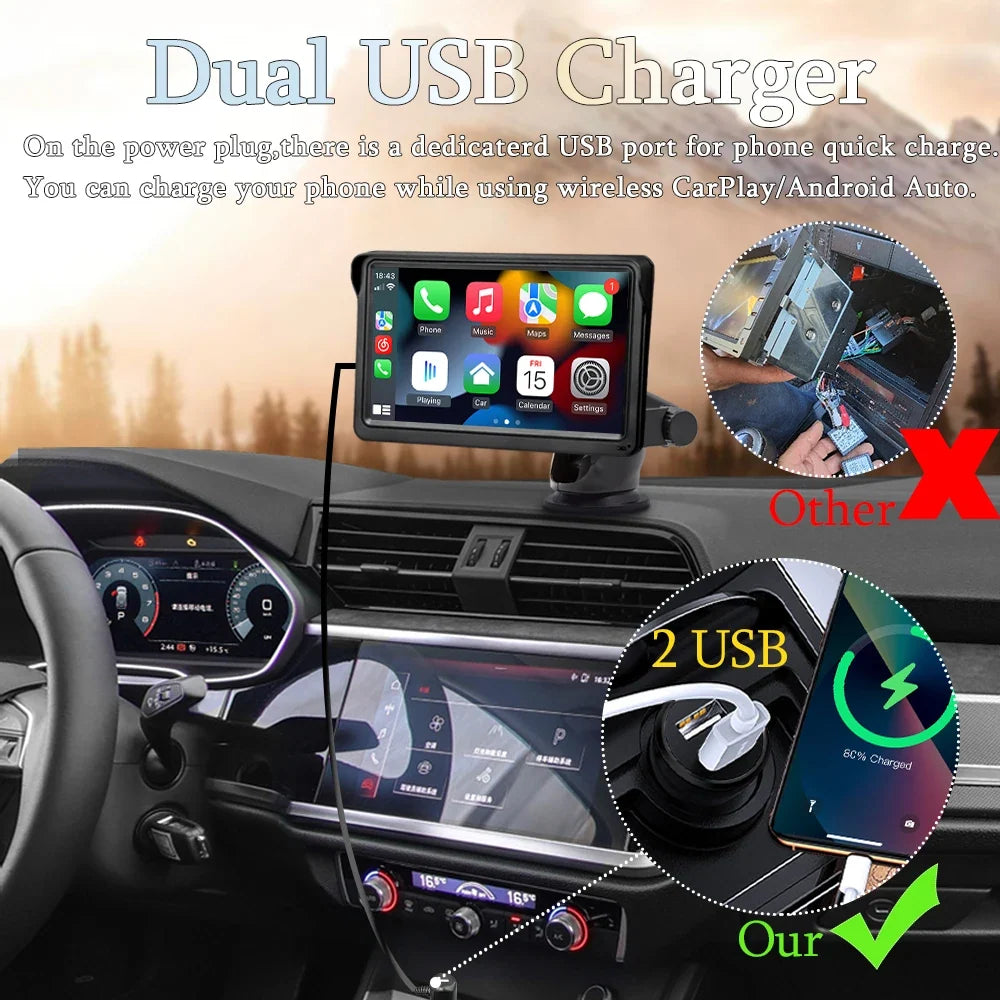 7-Inch Portable Wireless Apple CarPlay & Android Auto Screen