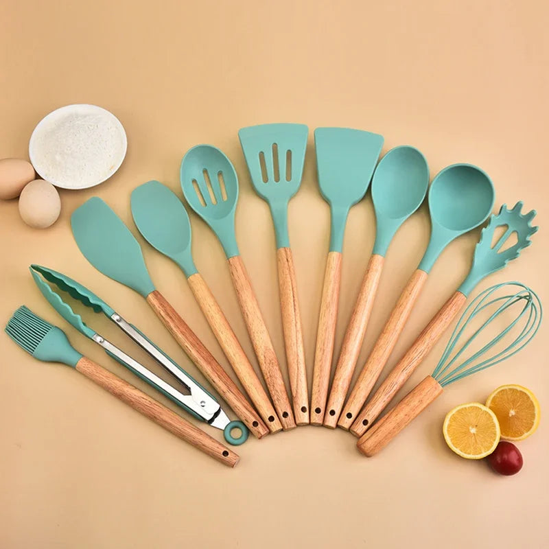 12-Piece Silicone Kitchen Utensil Set with Wooden Handles