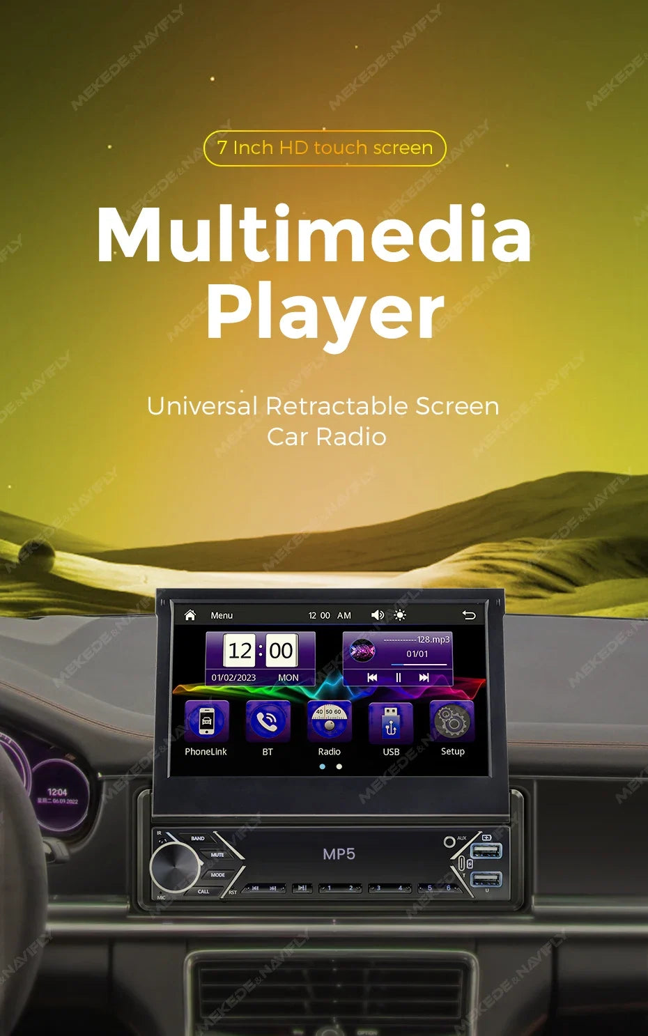 7-Inch Retractable Single-DIN Car Stereo with CarPlay & Android Auto