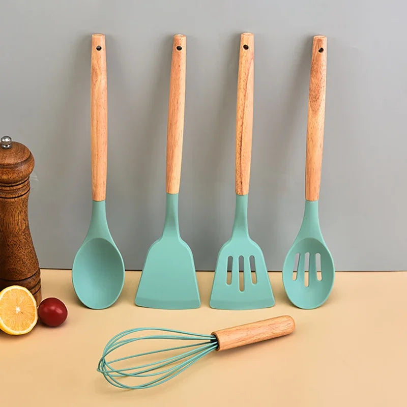 12-Piece Silicone Kitchen Utensil Set with Wooden Handles