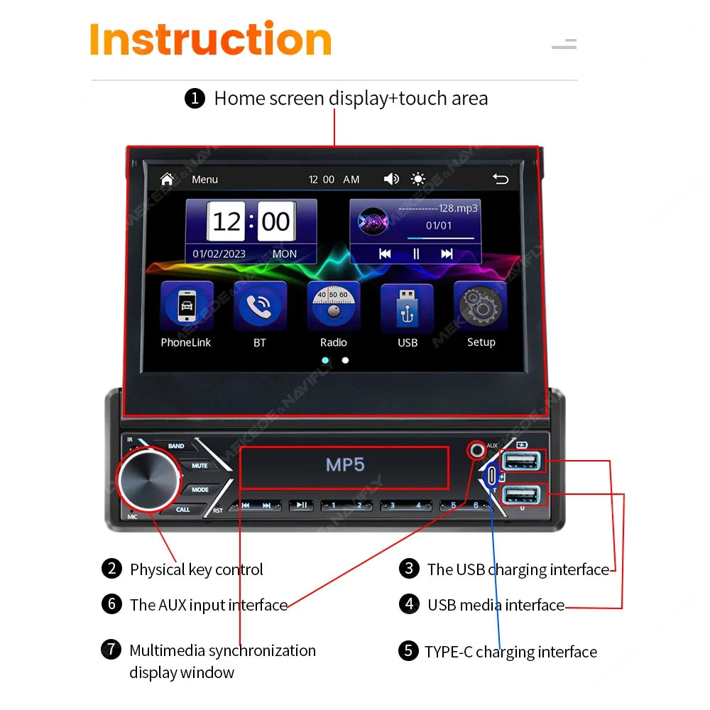 7-Inch Retractable Single-DIN Car Stereo with CarPlay & Android Auto