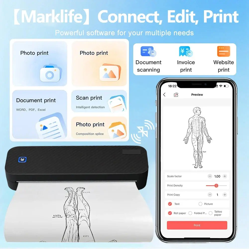 Portable A4 Bluetooth Thermal Printer & Paper Roll Option