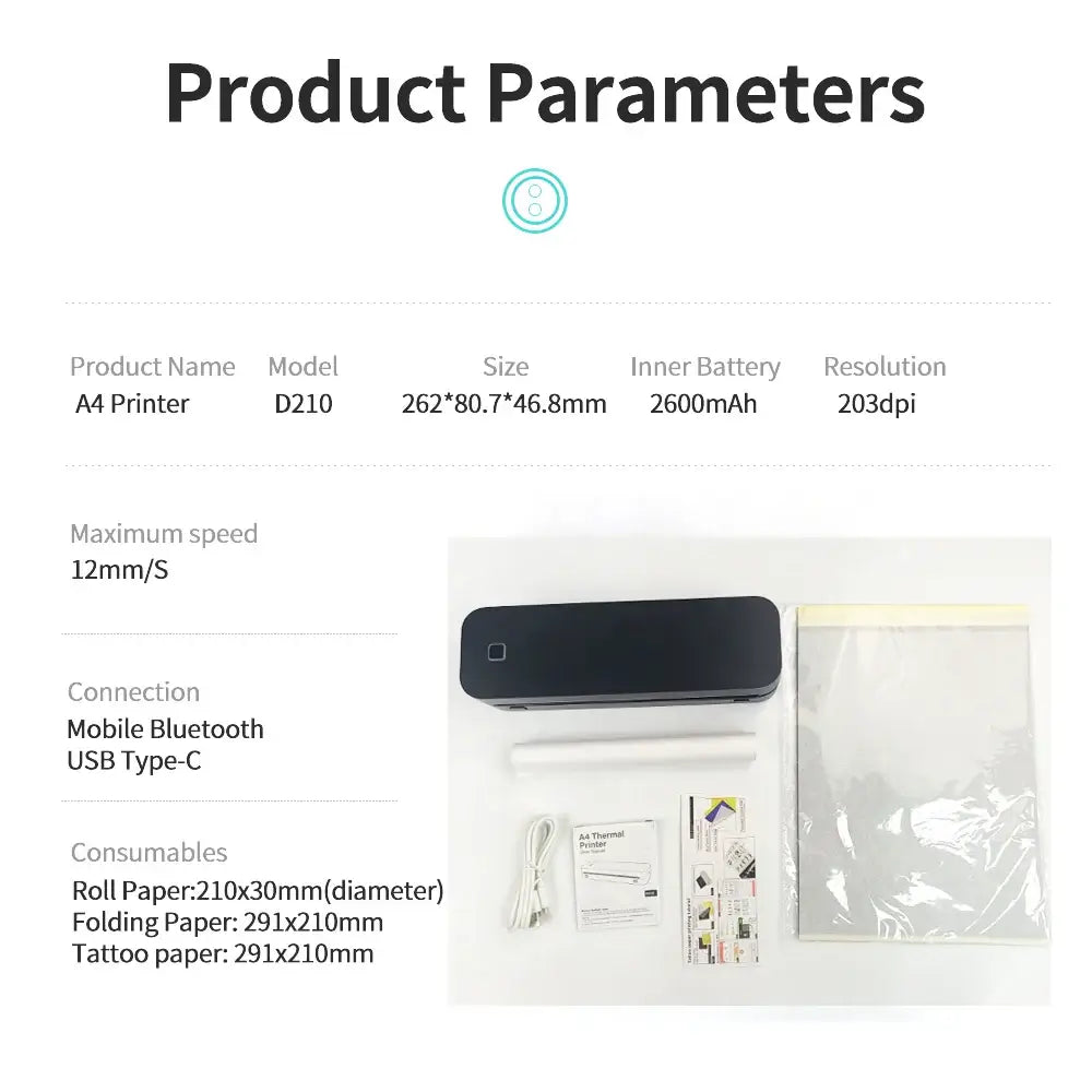 Portable A4 Bluetooth Thermal Printer & Paper Roll Option