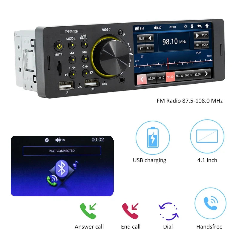 PHYEE 7805C Single-DIN Touchscreen Car Radio with Bluetooth & USB