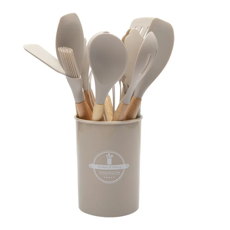 12-Piece Silicone Kitchen Utensil Set with Wooden Handles